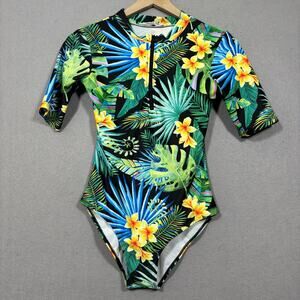 Marina Vida One Piece Swim Suit Small Sleeves Zipper Floral Surfer Diver